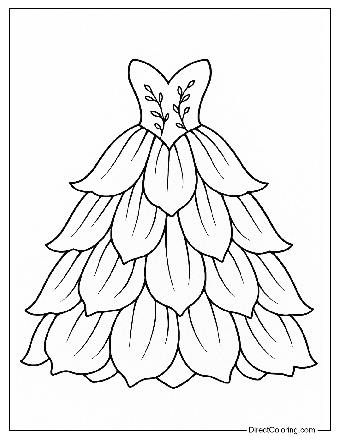 A coloring page for an evening gown with a flared skirt like blooming rose petals